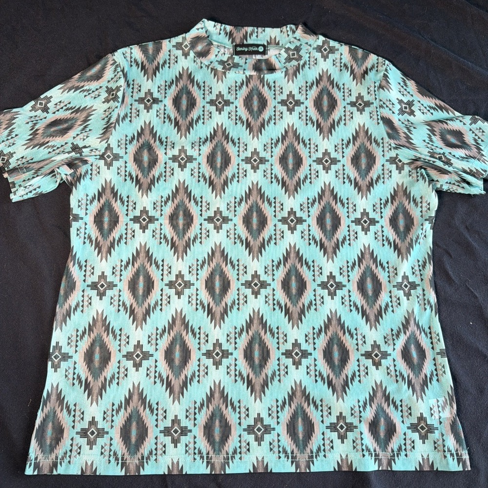 1al~ Womens 2x See Through Sterling Kreek Aztec Teal & Black Short Sleeve Shirt